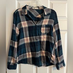 Flannel blue green and white with red stripes